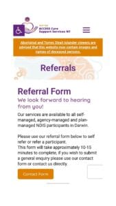 Referrals Page website design in Darwin - Warrijki ACCESS Care Support Services NT